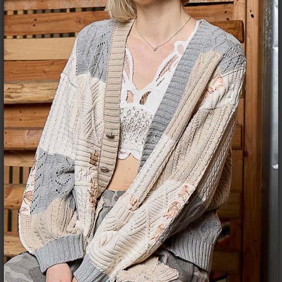 POL Sweaters - POL V Neck cardigan Cable Knit and Floral Fabric